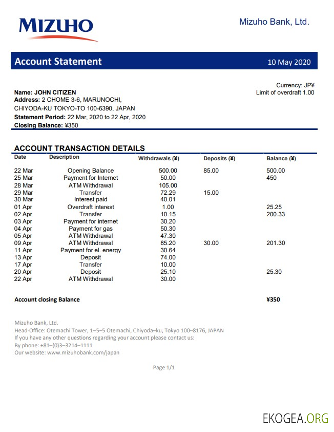 Relevé de la banque japonaise Mizuho